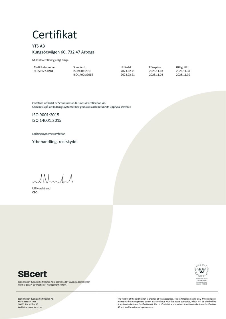 YTS AB ISO-certifikat, sida 1